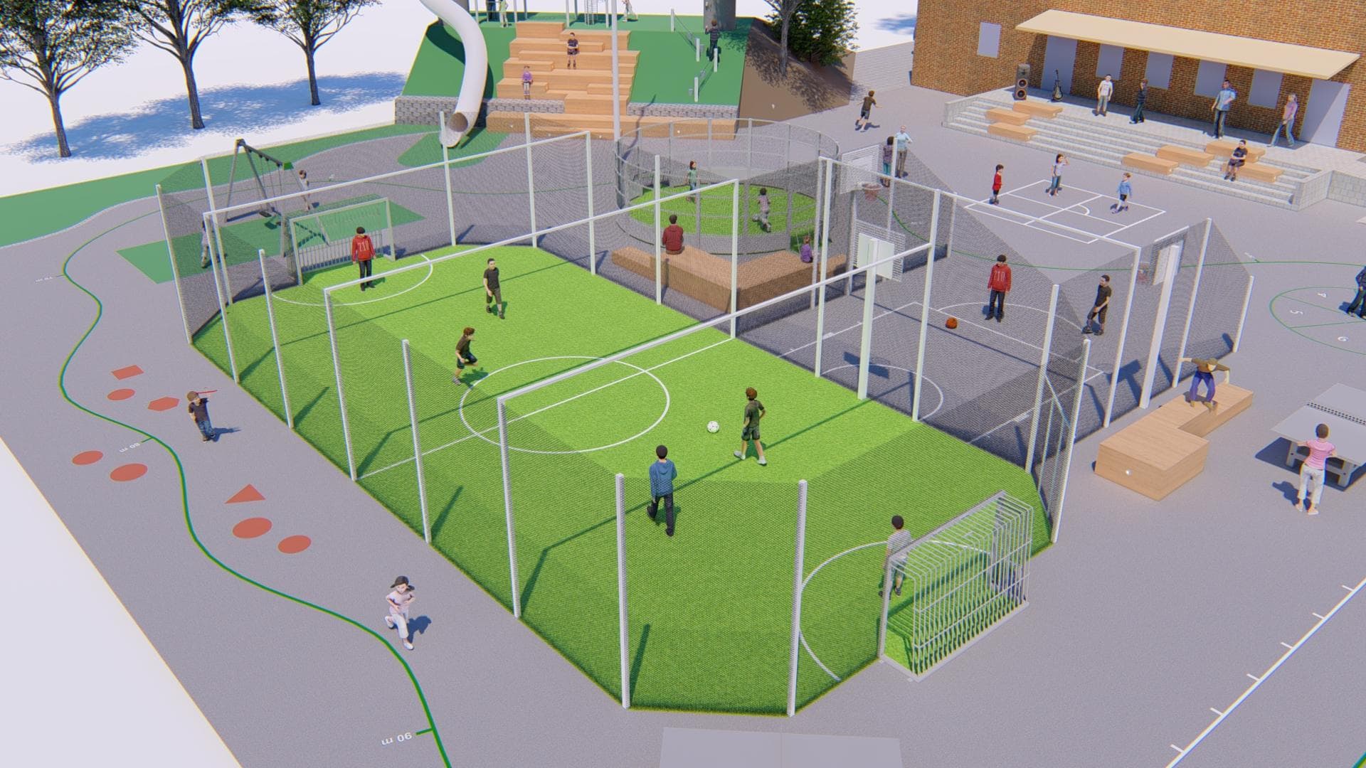 Kunstgræsfodboldanlæg med hvide målbuer og omkransende løbebane, børn og voksne i aktivitet