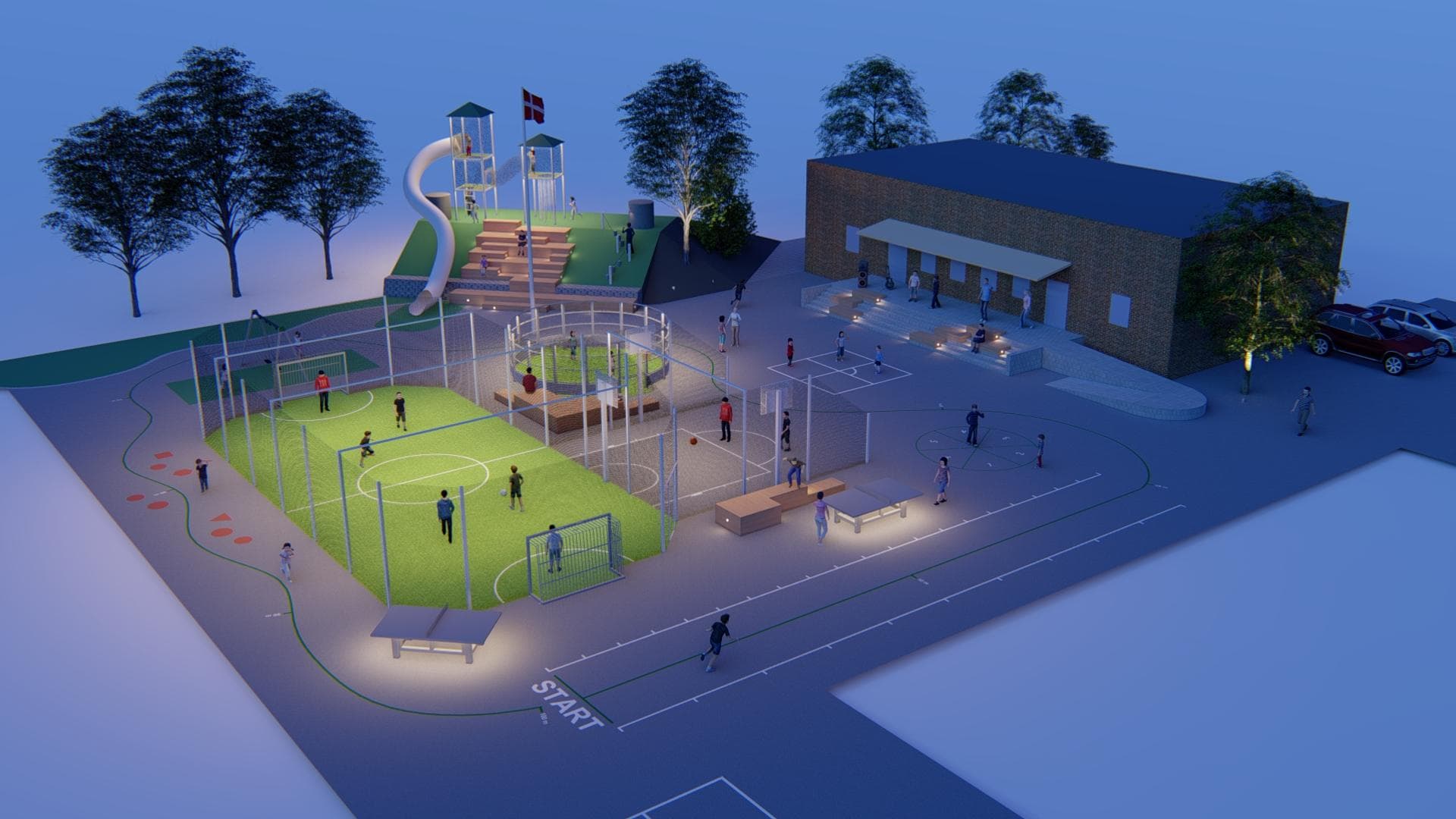 Belyst legeplads med klatretårn, rutsjebane, fodboldbane og bygning ved skumring