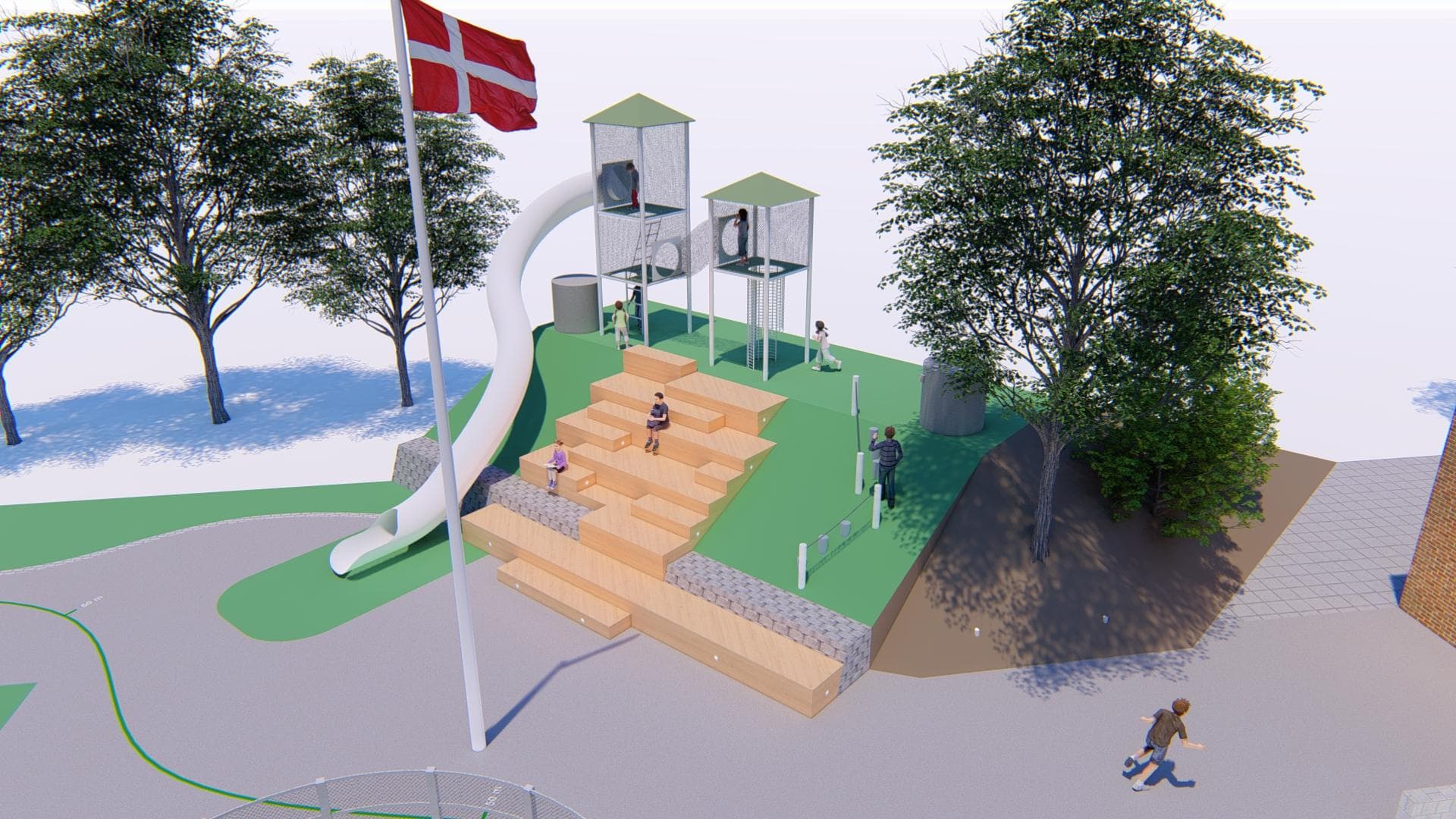 Legeplads med klatretårn, rutsjebane og trapper på grønt underlag omgivet af træer