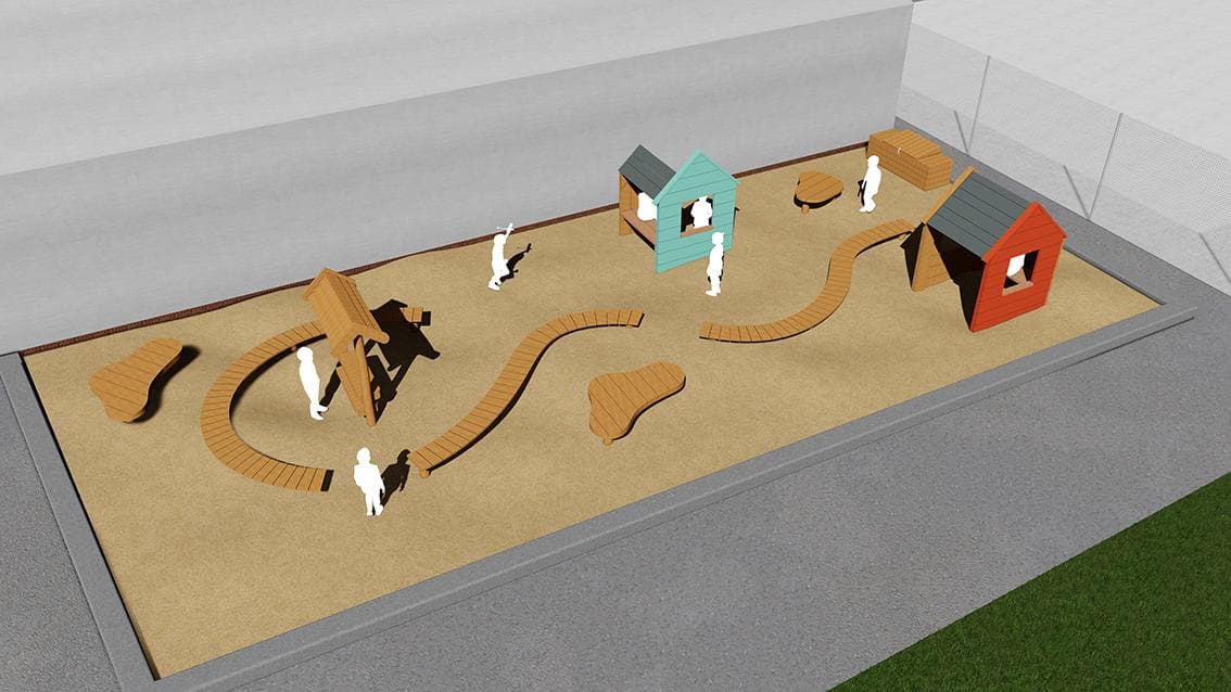 Legeplads med sandunderlag, træredskaber, klatreudstyr og to hytter til børn