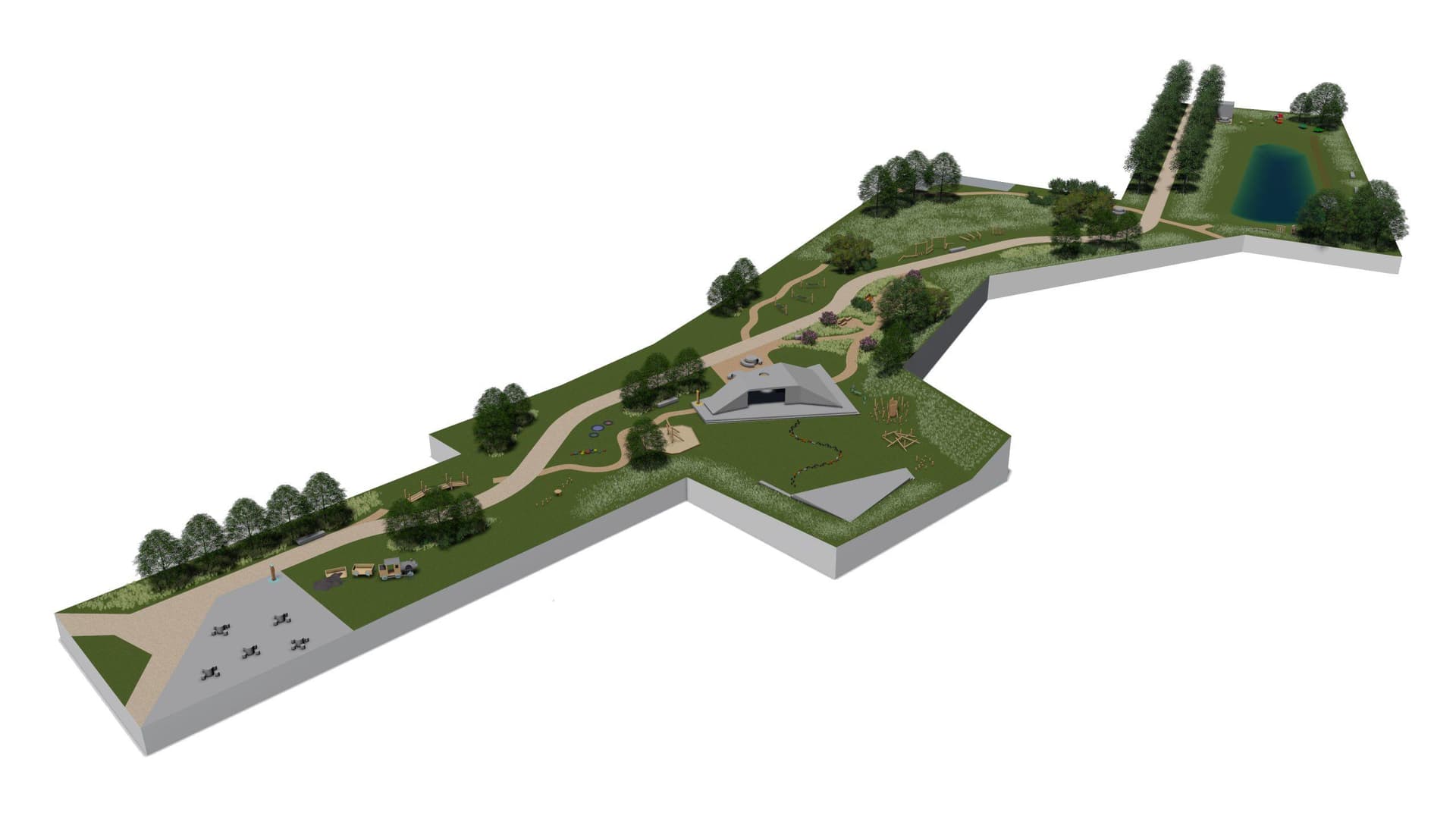 Landskabsdesign med parkering, stier, kunstgræs og grønne områder