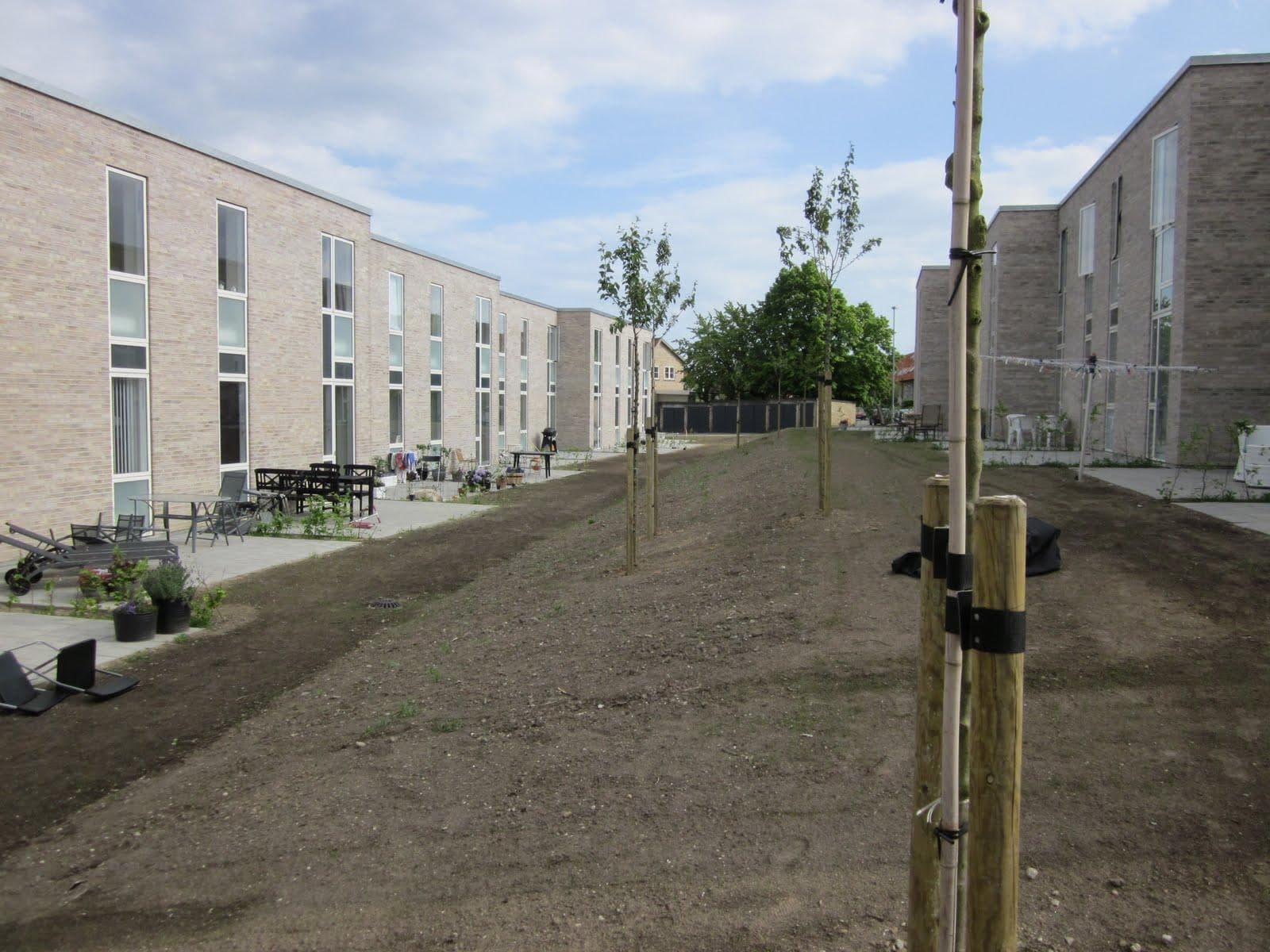Nyplantet område med træer i træbeskyttere og grusunderlag foran institutionsbygninger