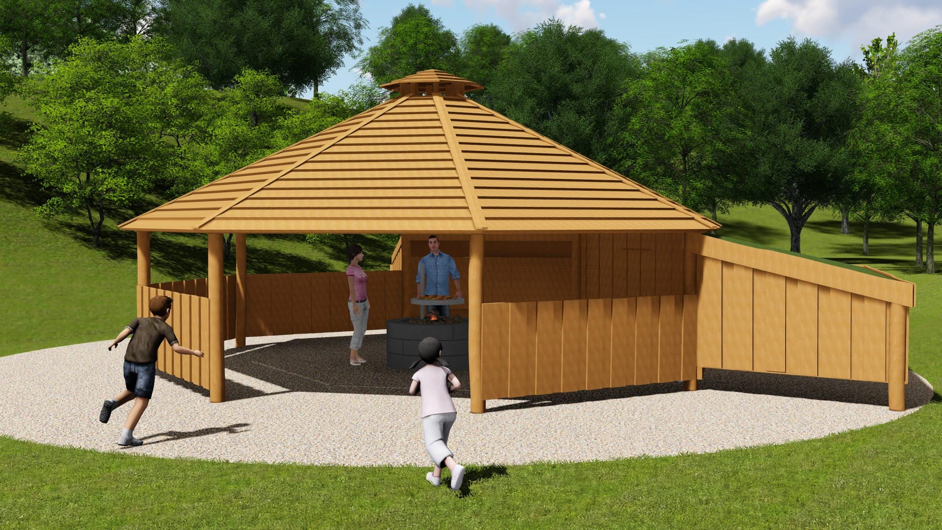 Trælehytte med pyramideformet tag på grusunderlag, børn løber omkring