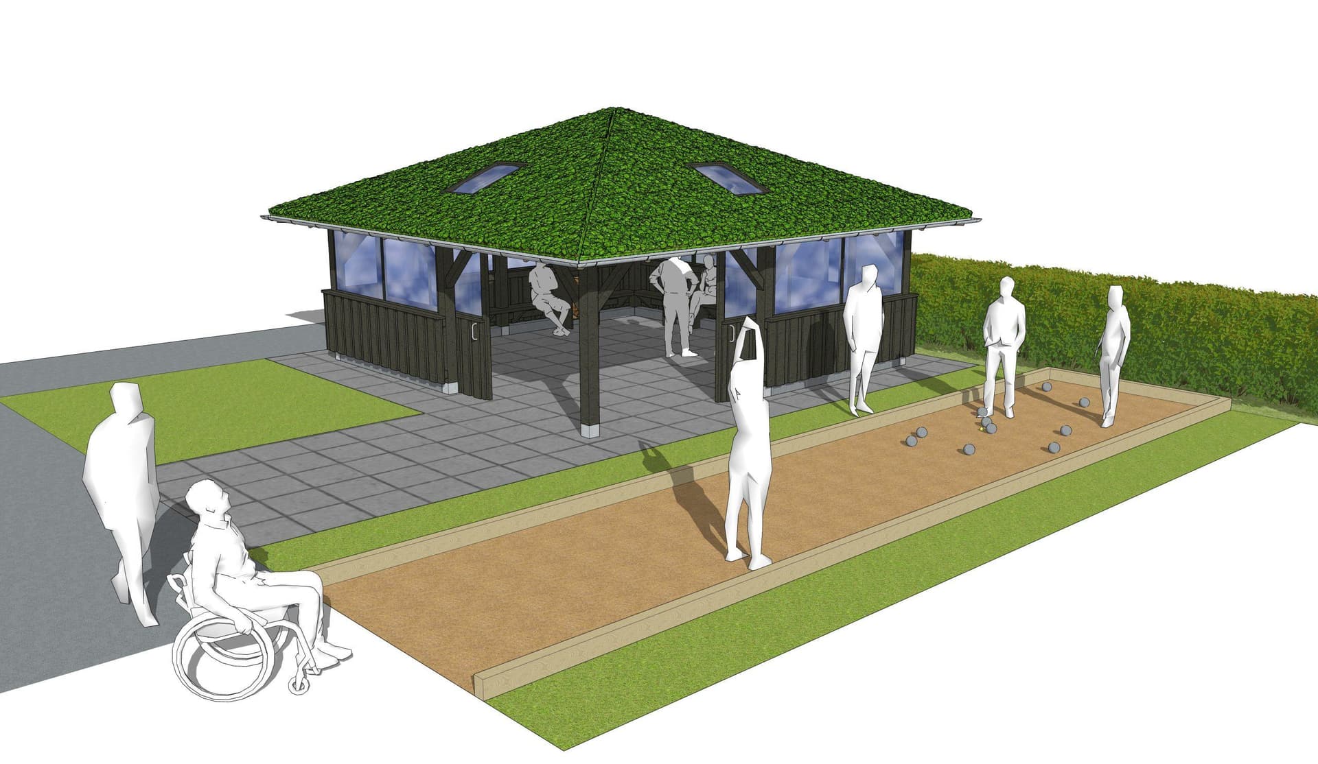 Pavillon med grønt teltlignende tag, træterrasse og siteplads for børn og voksne