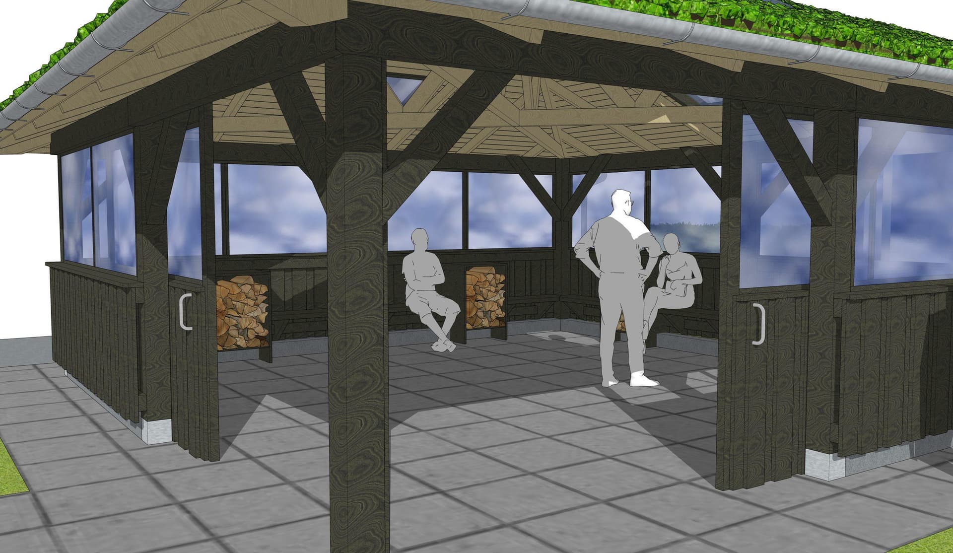 Pavillon med sort træstruktur, store vinduer, betonunderlag og to voksne samt opbevaringsrum