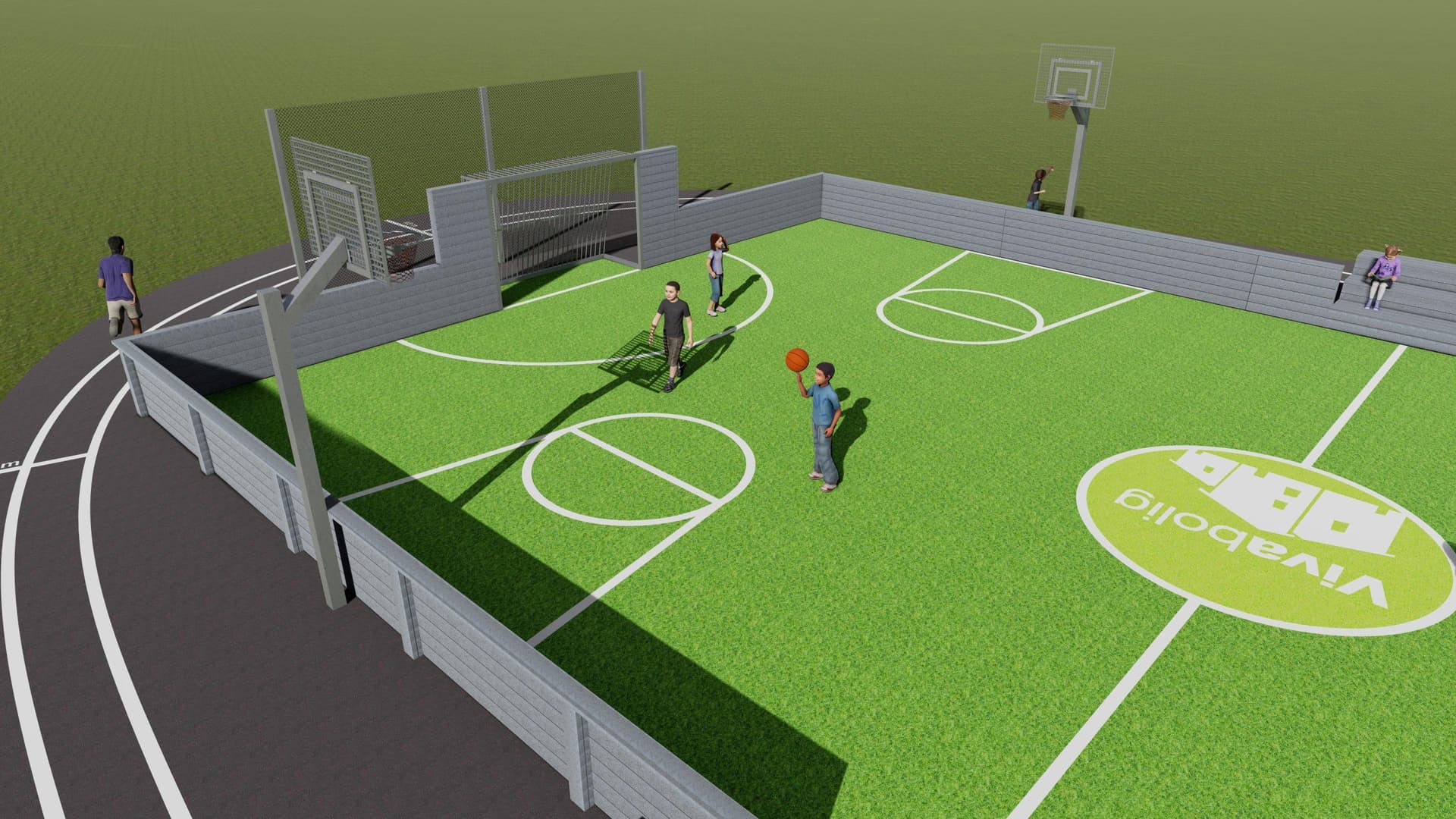 Futsal-bane med kunstgræs, hvide markeringer og basketballkurv, omgivet af grå væg