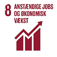 Tre søjler i stigende størrelse med opadgående pil og tekst om anstændige jobs og økonomisk vækst