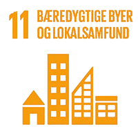 Bæredygtige byer og lokalsamfund-ikonet med bygninger i orange på sort baggrund