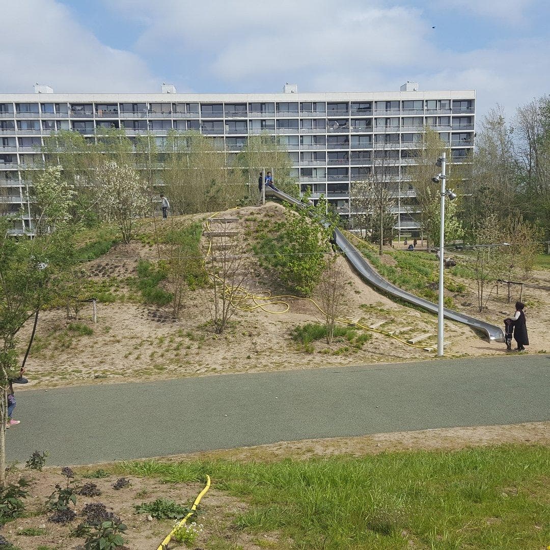 Sandhøj med rutsjebane, småtræer og græs ved boligbebyggelse
