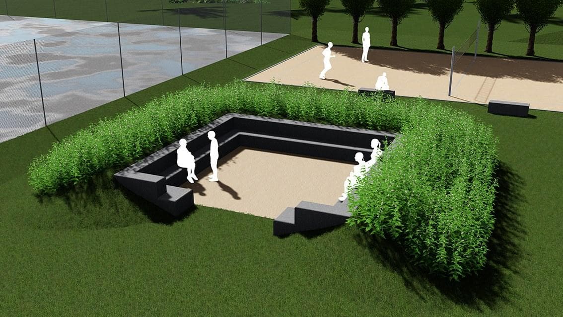 Visualisering af nedsænket beachvolleybane med sand og kantbeklædning