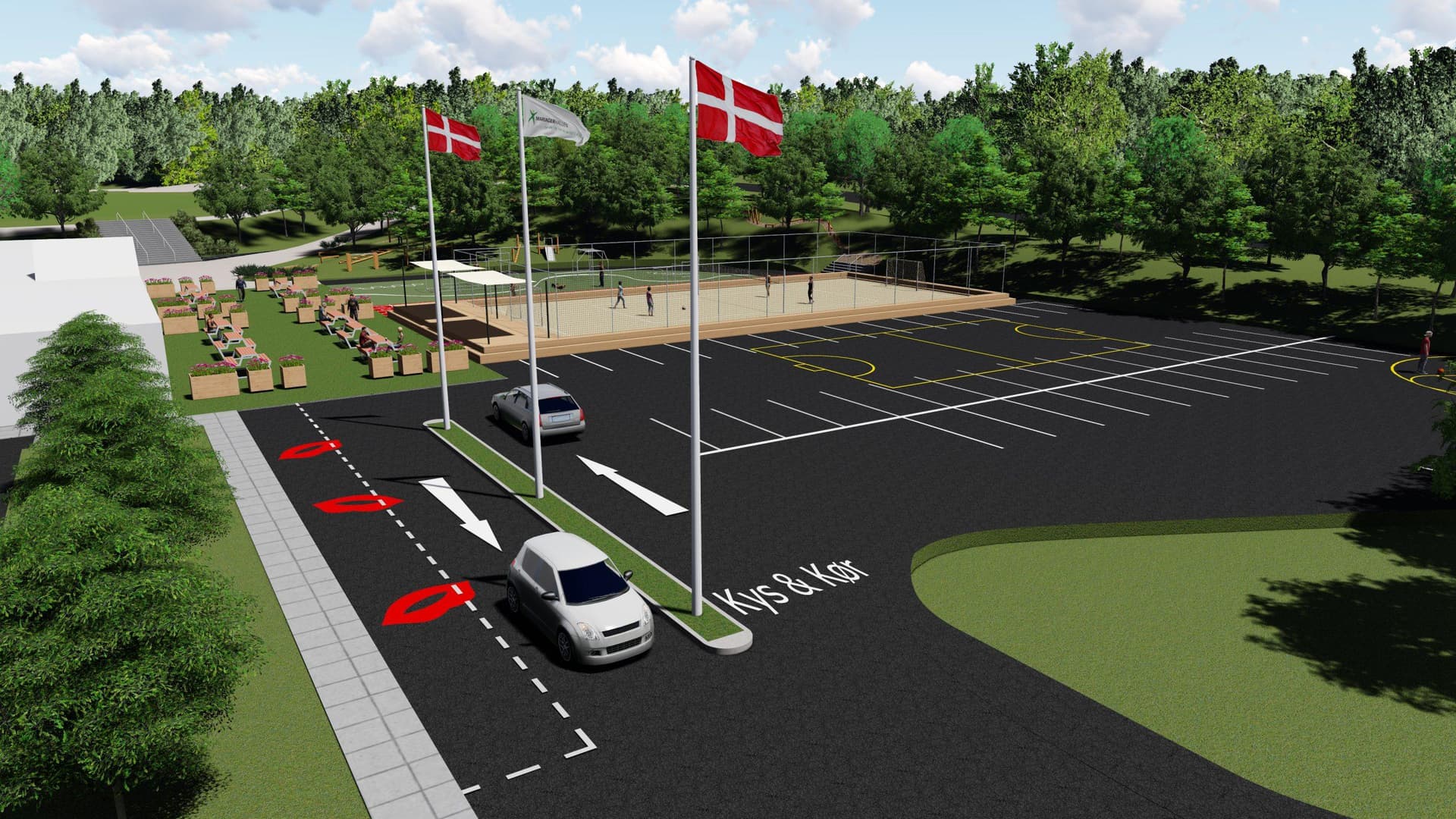 Parkeringsplads med asfaltering, flagstænger og sportsanlæg blandt træer